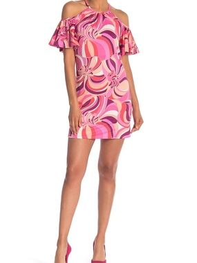 Trina Turk Cold-Shoulder Pink Multi Print Shift Dress